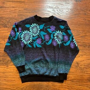 Vintage Top Notch Floral Patterned Sweater - Black, Blue, Purple